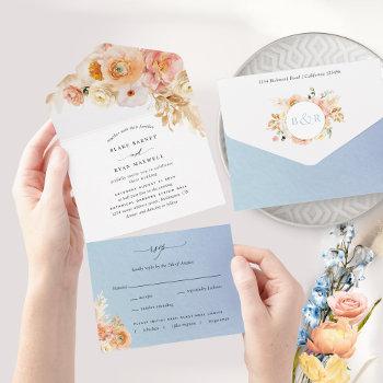 elegant peach and blue floral wedding with rsvp al all in one invitation