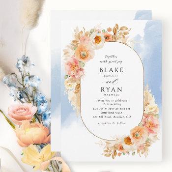 elegant peach blush cream and blue oval wedding invitation