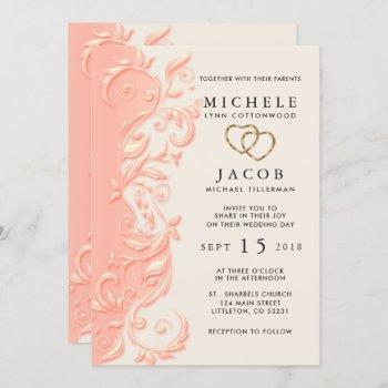 elegant peach floral swirl wedding invitation