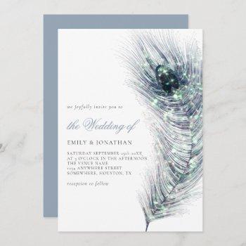 elegant peacock feather teal blue script wedding invitation