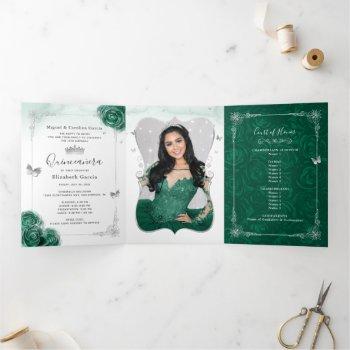 elegant photo green rose silver quinceanera tri-fold invitation