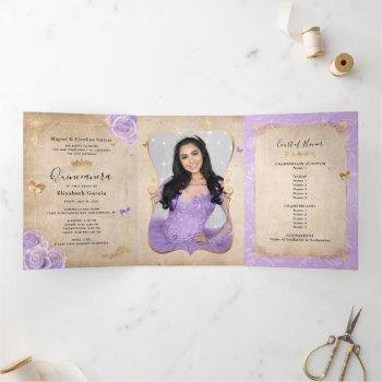 elegant photo light purple and gold quinceanera tri-fold invitation