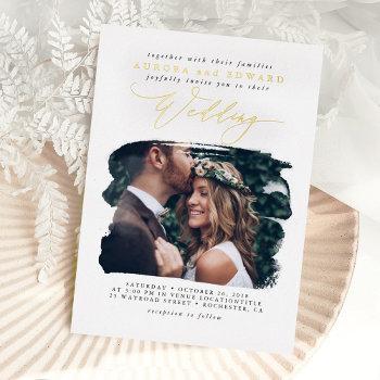 elegant photo overlay white boho wedding real foil invitation