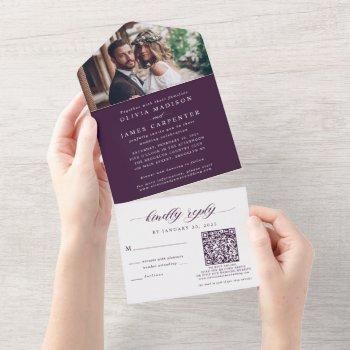 elegant photo rsvp qr code purple violet wedding all in one invitation