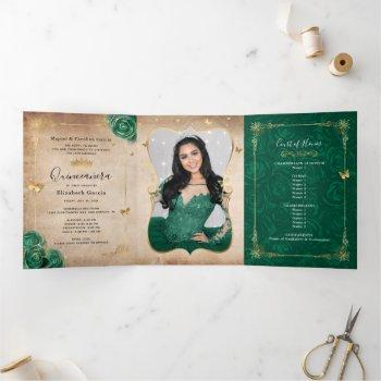 Small Elegant Photo Spanish Green Rose Gold Quinceanera Tri-fold Front View