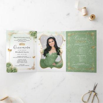 Small Elegant Photo Spanish Sage Green Gold Quinceanera Tri-fold Front View