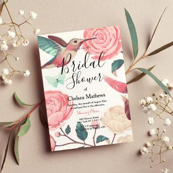 elegant pink teal hummingbird floral bridal shower invitation