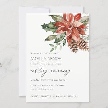 Small Elegant Poinsettia Pine Cone Wedding Invite Front View