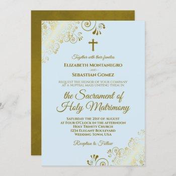elegant powder blue & gold modern catholic wedding invitation
