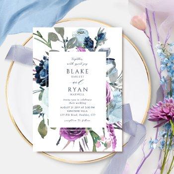 elegant  purple and blue botanical floral wedding invitation