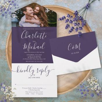 Small Elegant Purple Modern Script Photo Wedding All In One Front View