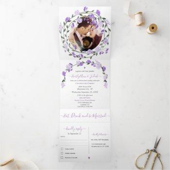 Small Elegant Purple Peony Floral Wedding Tri-fold Front View