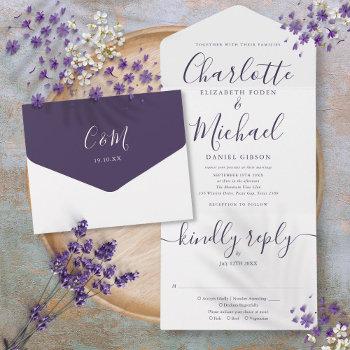 elegant purple script minimalist wedding all in on all in one invitation