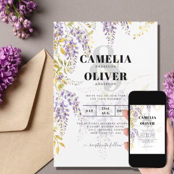 elegant purple wisteria flowers modern floral  invitation