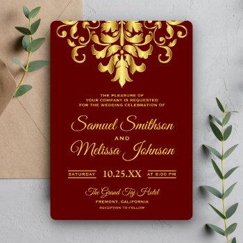 elegant red gold damask wedding invitation