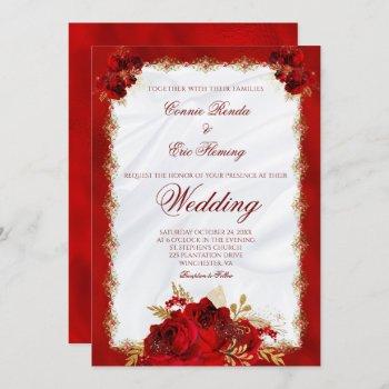 elegant red gold monogram roses formal wedding invitation