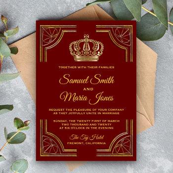 elegant red gold ornate crown wedding invitation