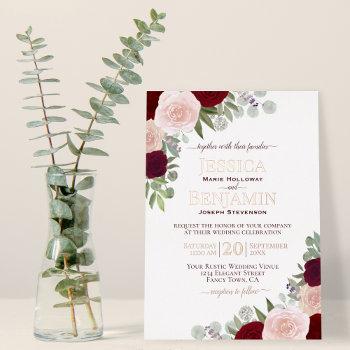 elegant red & pink floral with rose gold wedding foil invitation