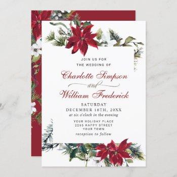 elegant red poinsettia pine fir watercolor wedding invitation