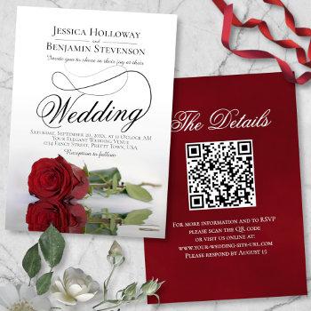 elegant red rose fancy script qr code wedding invitation