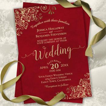 elegant red with gold frills & calligraphy wedding invitation