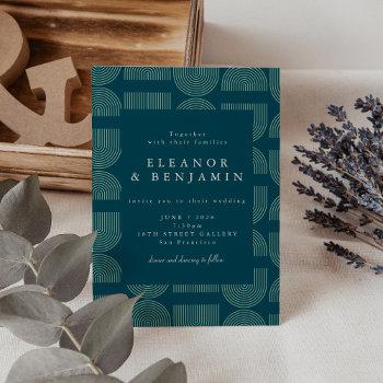 elegant retro chic arch lines teal blue wedding  invitation