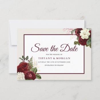 Small Elegant Romantic Burgundy Floral Wedding Save The Date Front View