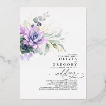 elegant romantic succulents gold greenery wedding foil invitation