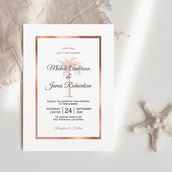 elegant rose gold copper palm tree marble wedding invitation