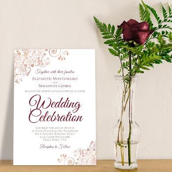 elegant rose gold lace with burgundy text wedding invitation