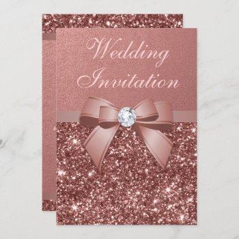 elegant rose gold wedding diamonds bow glitter invitation
