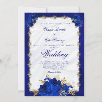 elegant royal blue monogram roses formal wedding invitation