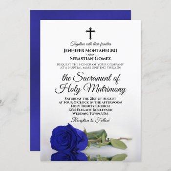 elegant royal blue rose modern catholic wedding invitation