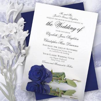 elegant royal or navy blue rose formal wedding invitation