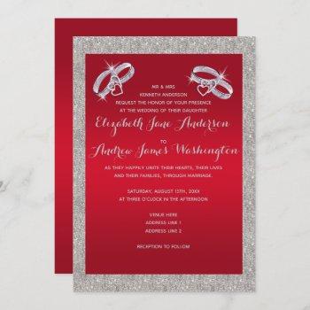 elegant ruby red & sparkly silver rings wedding invitation