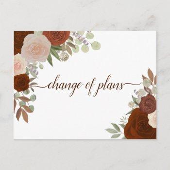 elegant rust orange floral change of wedding plans announcement postcard