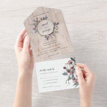 elegant rustic chic wood slice pink floral wedding all in one invitation