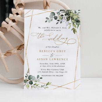 elegant rustic eucalyptus greenery gold wedding invitation