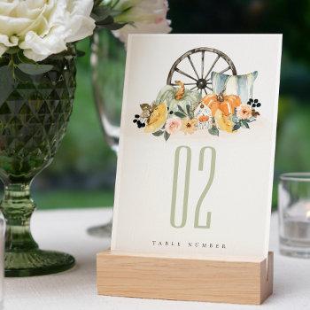 Small Elegant Rustic Fall Pumpkin Leafy Floral Wheel Table Number Front View