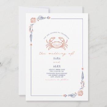 elegant rustic red & blue beach wedding crab invitation