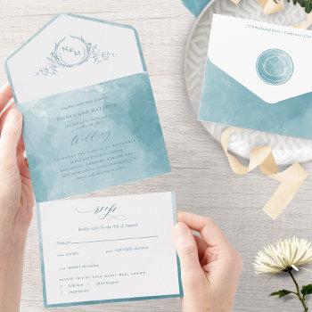 elegant sage sea glass watercolor monogram wedding all in one invitation