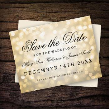 Small Elegant Save The Date Gold Glitter Lights Announcement Post Front View