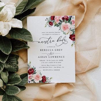 elegant script burgundy blush floral neustra boda invitation