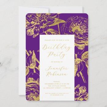 Small Elegant Script Gold Floral Birthday Party Purple Front View