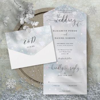 elegant script hearts minimalist winter wedding all in one invitation
