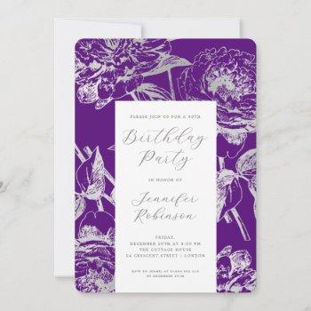 elegant script silver floral birthday party purple invitation