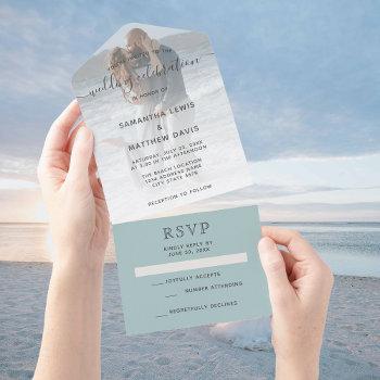 elegant sea glass dusty blue photo beach wedding all in one invitation