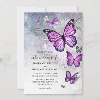 elegant silver and purple butterfly wedding invitation