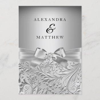 elegant silver bow silver leaf swirl wedding invitation