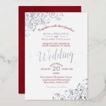 elegant silver lace & crimson red on white wedding foil invitation